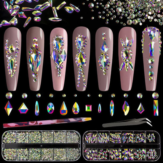 Picture of Multi Shapes 3D Glass AB Crystal Nail Art Rhinestones Kit with Flatback Round Bead Charm Gem Stone Jewelry Diamond with Pickup Pen + Tweezer for Manicure Craft Decoration by BELLEBOOST (Iridescent)