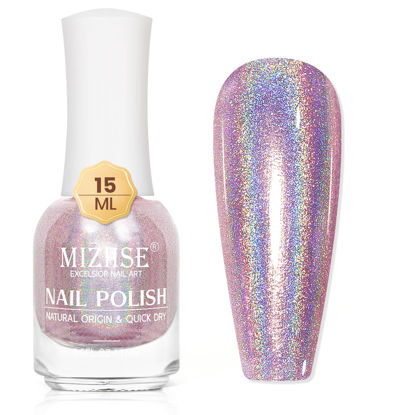 Picture of MIZHSE Holographic Nail Polish, Light Purple Glitter Nail Polish Air Dry Fast, 15ml/0.5 fl oz High Glossy Shimmer Nail Pigment Laser Oil-based Nail Polish Chrome Halo Nail Art Salon Manicure at Home