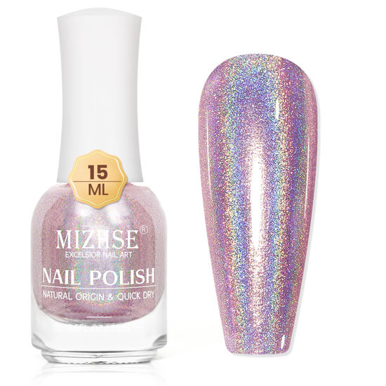 Picture of MIZHSE Holographic Nail Polish, Light Purple Glitter Nail Polish Air Dry Fast, 15ml/0.5 fl oz High Glossy Shimmer Nail Pigment Laser Oil-based Nail Polish Chrome Halo Nail Art Salon Manicure at Home