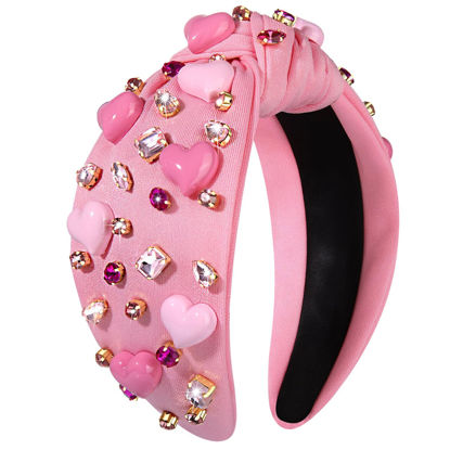 Picture of YAHPERN Valentine’s Day Headband for Women Red Pink Heart Knotted Headband Jeweled Rhinestone Crystal Wide Top Knot Hairband Valentine’s Day Hair Accessories Holiday Gifts (Pink Heart)