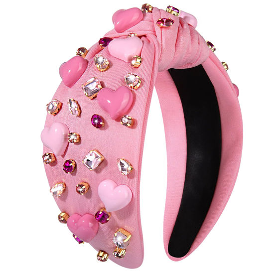 Picture of YAHPERN Valentine’s Day Headband for Women Red Pink Heart Knotted Headband Jeweled Rhinestone Crystal Wide Top Knot Hairband Valentine’s Day Hair Accessories Holiday Gifts (Pink Heart)