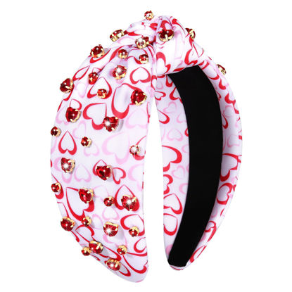 Picture of YAHPERN Valentine’s Day Headband for Women Red Pink Heart Knotted Headband Jeweled Rhinestone Crystal Wide Top Knot Hairband Valentine’s Day Hair Accessories Holiday Gifts (Red Heart)