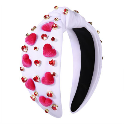Picture of YAHPERN Valentine’s Day Headband for Women Red Pink Heart Knotted Headband Jeweled Rhinestone Crystal Wide Top Knot Hairband Valentine’s Day Hair Accessories Holiday Gifts (Velvet Heart White)