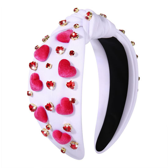 Picture of YAHPERN Valentine’s Day Headband for Women Red Pink Heart Knotted Headband Jeweled Rhinestone Crystal Wide Top Knot Hairband Valentine’s Day Hair Accessories Holiday Gifts (Velvet Heart White)