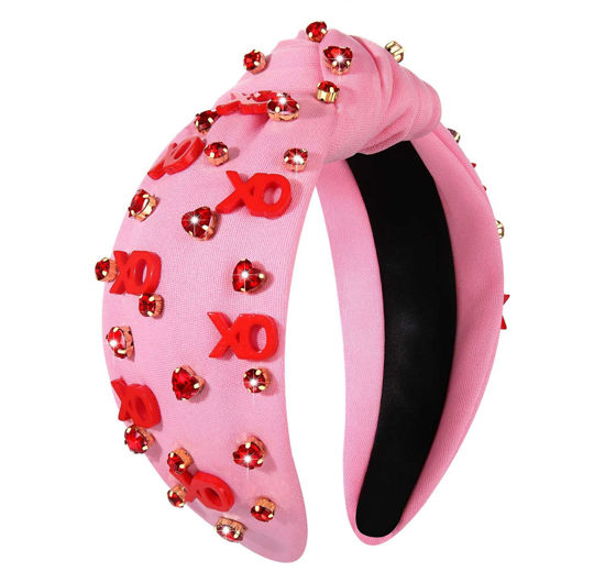 Picture of YAHPERN Valentine’s Day Headband for Women Red Pink Heart Knotted Headband Jeweled Rhinestone Crystal Wide Top Knot Hairband Valentine’s Day Hair Accessories Holiday Gifts