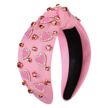 Picture of YAHPERN Valentine’s Day Headband for Women Red Pink Heart Knotted Headband Jeweled Rhinestone Crystal Wide Top Knot Hairband Valentine’s Day Hair Accessories Holiday Gifts (Pink 2)