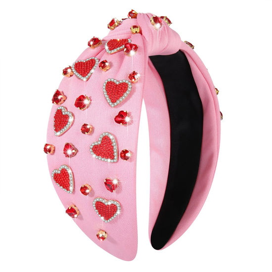 Picture of YAHPERN Valentine’s Day Headband for Women Red Pink Heart Knotted Headband Jeweled Rhinestone Crystal Wide Top Knot Hairband Valentine’s Day Hair Accessories Holiday Gifts (Pink)