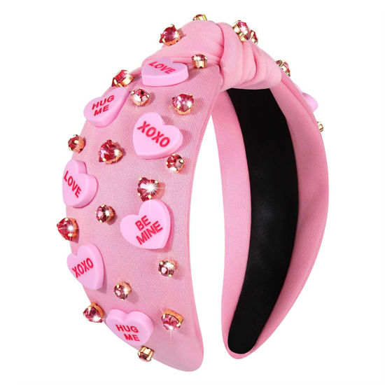 Picture of YAHPERN Valentine’s Day Headband for Women Red Pink Heart Knotted Headband Jeweled Rhinestone Crystal Wide Top Knot Hairband Valentine’s Day Hair Accessories Holiday Gifts