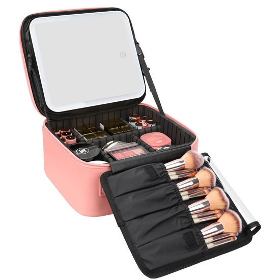 Picture of Relavel Travel Makeup Bag With LED Mirror Portable Travel Makeup Organizer 3 Color Adjustable Brightness Waterproof Cosmetic Train Case with Removable Dividers Makeup Storage for Women, Pink