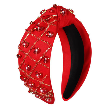 Picture of YAHPERN Valentine’s Day Headband for Women Red Pink Heart Knotted Headband Jeweled Rhinestone Crystal Wide Top Knot Hairband Valentine’s Day Hair Accessories Holiday Gifts (Crystal Heart Red)