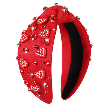 Picture of YAHPERN Valentine’s Day Headband for Women Red Pink Heart Knotted Headband Jeweled Rhinestone Crystal Wide Top Knot Hairband Valentine’s Day Hair Accessories Holiday Gifts (Beaded Heart)