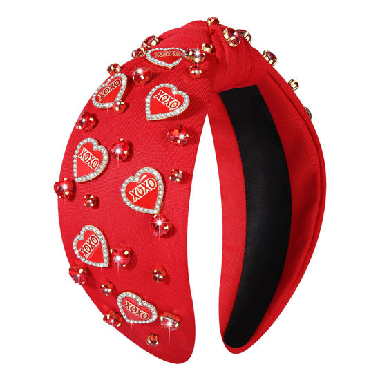 Picture of YAHPERN Valentine’s Day Headband for Women Red Pink Heart Knotted Headband Jeweled Rhinestone Crystal Wide Top Knot Hairband Valentine’s Day Hair Accessories Holiday Gifts