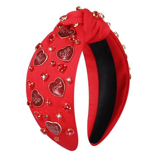 Picture of YAHPERN Valentine’s Day Headband for Women Red Pink Heart Knotted Headband Jeweled Rhinestone Crystal Wide Top Knot Hairband Valentine’s Day Hair Accessories Holiday Gifts (Enamel Heart Red)