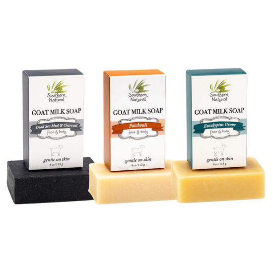 Picture of Southern Natural Goat Milk Soap Bar (Variety 3 Pack) Dead Sea Mud & Charcoal, Patchouli, Eucalyptus Grove - For Dry Sensitive Skin. Great For Face and Body.(Each Bar 4-4.5 oz)