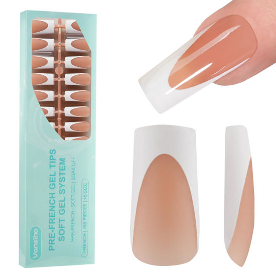 Picture of Vansiho Deep French Gel Nail Tips, 150Pcs Long Square Gel Nail Tips, Brown French Tips Press on Nails, French Square Gel Tips, Fake Nails for Nail Art DIY 15 Sizes