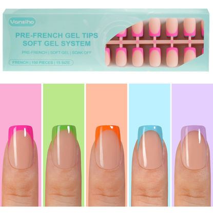 Picture of 150Pcs French Gel Nail Tips, Vansiho Short Square Nail Tips, Pre-French Tips Press on Nails, Acrylic Fake Nails for Nail Art DIY 15 Sizes