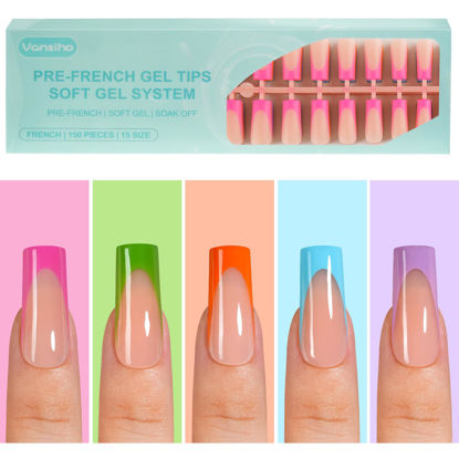 Picture of Vansiho French Gel Nail Tips, 150Pcs Long Square Gel Nail Tips, Pre-French Tips Press on Nails, Soak Off Acrylic Fake Nails for Nail Art DIY 15 Sizes