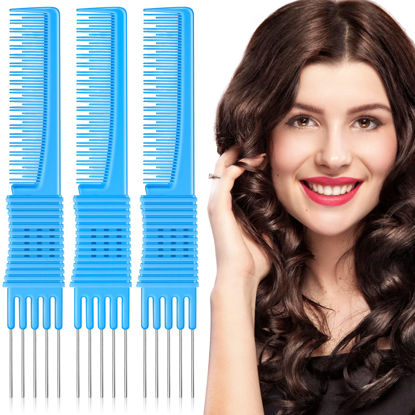 Picture of Leinuosen 3 Pack Carbon Lift Teasing Combs with Metal Prong, Hair Pick Comb for Women Hair Styling(Blue)