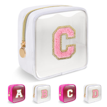 Picture of Personalized Initial Letter Clear Preppy Makeup Bag,Mini Nylon Chenille Letter Cosmetic Bag Cute Zipper Pouch Purse for Teen Girls,Portable TSA Approved Beach Travel Essentials Bag Gift for Women,C