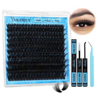 Picture of Yawamica Lash Clusters Kit Fluffy Volume Cluster Eyelash Extensions Kit 200D 10-20mm DIY Lash Extension Kit with Lash bond and Lash Remover and Lash Applicator for DIY Lash (200D-10-20MM Kit), Black