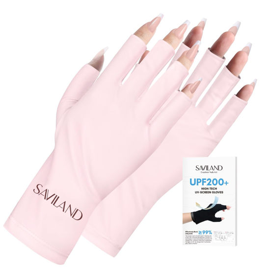 Picture of SAVILAND U V Gloves for Nails: UPF80+ Professional U V Gloves for Manicures, Anti UVA & UVB 999+ U V Gloves for Gel Nail Lamp Skin Care Fingerless Gloves Prevent Hands from U V Harm (Light Pink)