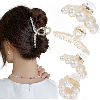 Picture of Mehayi 4 PCS Large Pearl Hair Claw Clips for Women Girls, Hair Barrette Clamps for Thick Thin Hair, Fashion Hair Accessories Headwear Styling Tools for Party Wedding