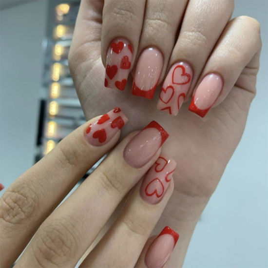 Picture of French Tip Press on Nails Short Square Fake Nails Red Acrylic Nails with Heart Design Stick on Nails Artificial Full Cover Glossy Red Glue on Nails for Women Girls Valentine's Day Manicure 24pcs…