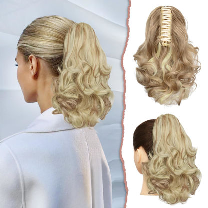 Picture of SOFEIYAN Ponytail Extension 11 inch Claw Clip Ponytail Hair Extensions Long Curly Wavy Ponytail Fluffy Clip on Pony Tails Synthetic Hairpiece for Women，Light Ash Brown & Bleach Blonde