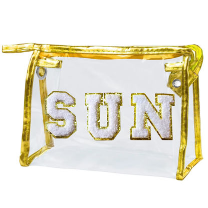 Picture of COSHAYSOO Clear Makeup Bag Preppy Sunscreen Zipper Pouch Cosmetic Beach Travel Summer Stuff Small Make Up Purse Organizer for Women Teen Girls with Trendy Cute Chenille Letter Patch Golden SUN