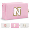 Picture of Personalized Initial A-Z Preppy Patch Makeup Bag,Small PU Chenille Letter Cosmetic Bag with Zipper for Teen Girls,Pink Cute Toiletry Organizer Bag,Monogrammed Valentines Day Gifts for Women,Letter N