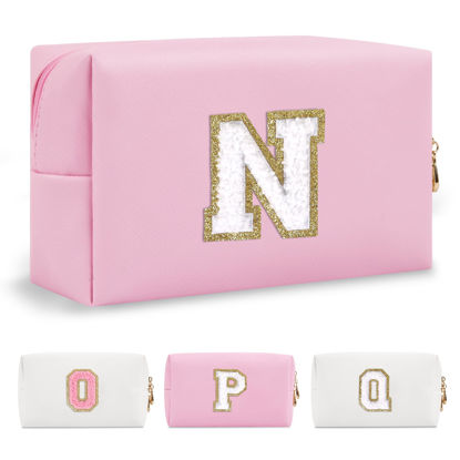 Picture of Personalized Initial A-Z Preppy Patch Makeup Bag,Small PU Chenille Letter Cosmetic Bag with Zipper for Teen Girls,Pink Cute Toiletry Organizer Bag,Monogrammed Valentines Day Gifts for Women,Letter N