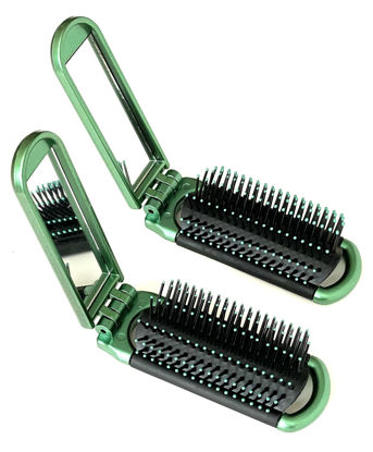 Picture of 2 Green ALAZCO Folding Hair Brush With Mirror Compact Pocket Size Travel Car Gym Bag Purse Locker Swimming Camping Sleepover Gift and more