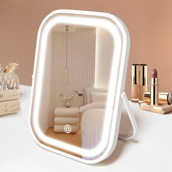 Picture of YEKKOPT Travel Makeup Mirror with Lights, Portable Small Beauty LED Vanity Mirror with Lights, 1200mAh Battery, Dimmable Touch Screen, Tabletop Folding Compact Mirror,Women Gift