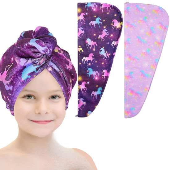 Picture of Basumee Microfiber Hair Towel Wrap for Kids 2 Pack Rapid Drying Hair Towel with Button Hair Turbans for Wet Hair Wraps Head Towel Wrap for Women and Girls, Dark Unicorn