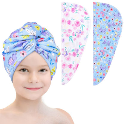 Picture of Basumee Microfiber Hair Towel Wrap for Kids 2 Pack Rapid Drying Hair Towel with Button Hair Turbans for Wet Hair Wraps Head Towel Wrap for Women and Girls, Flower