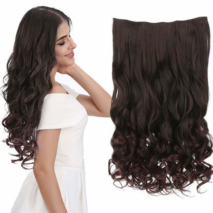 Picture of REECHO 16" 1-Pack 3/4 Full Head Curly Wavy Clips in on Synthetic Hair Extensions HE008 Hairpieces for Women 5 Clips 3.9 Oz per Piece - Dark Brown