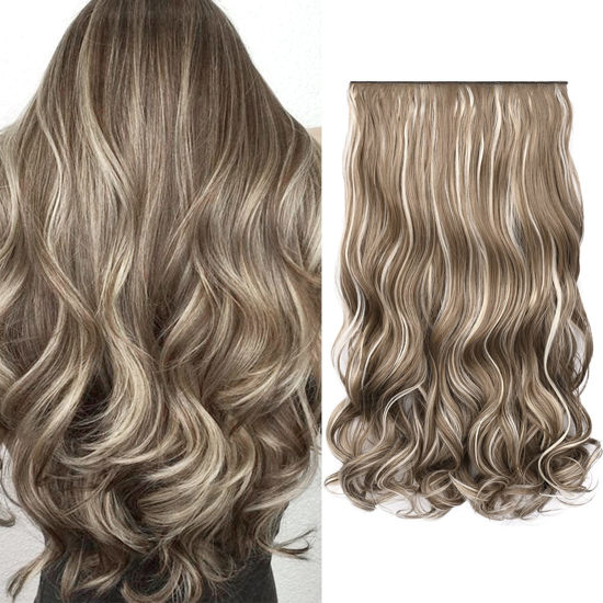 Picture of REECHO Clip in hair extensions, 20" Curly Wavy Synthetic HE008 Hairpieces for Women - Ash Brown with Platium Highlights