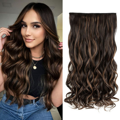 Picture of REECHO 20" 1-pack 3/4 Full Head Curly Wave Clips in on Synthetic Hair Extensions HE008 Hair pieces for Women 5 Clips 4.5 Oz Per Piece - Chocolate Brown with Highlights