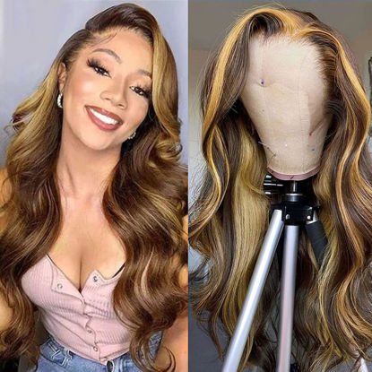 Picture of Aaliweya Highlight Ombre HD Lace Front Wigs Human Hair Honey Blonde 13x4 Body Wave Lace Frontal Wigs For Women 180% Density Glueless Wig Pre Plucked with Baby Hair 4/27 Color 32inch