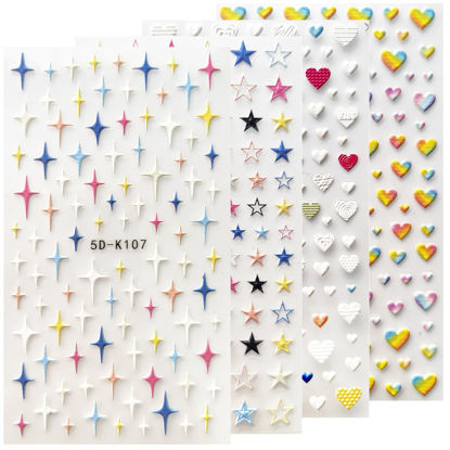 Picture of HAIIDOAK 5D Embossed Heart and Star Nail Art Stickers, Colorful Heart-Shaped and Star-Shaped Nail Decals Nail Art Design Self-Adhesive Nail Supplies for Women Manicure Decoration