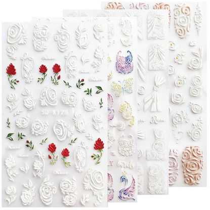 Picture of French Pattern Roses White Nail Art Accessories 5D Embossed Nail Art Stickers, Romantic Rose Nail Decals Nail Art Design Self Adhesive Nail Supplies for Women Manicure Decoration by HAIIDOAK