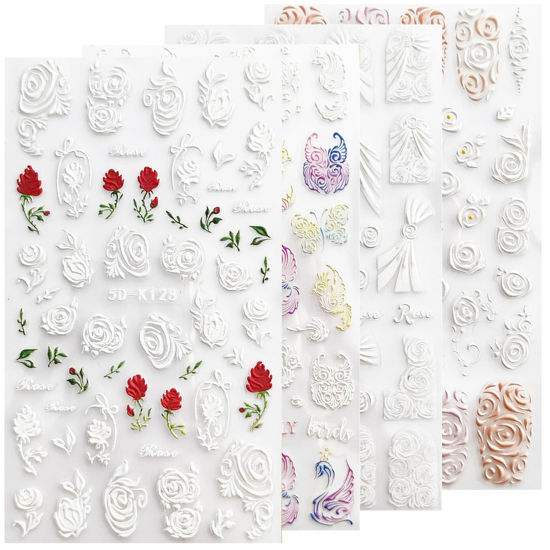 Picture of French Pattern Roses White Nail Art Accessories 5D Embossed Nail Art Stickers, Romantic Rose Nail Decals Nail Art Design Self Adhesive Nail Supplies for Women Manicure Decoration by HAIIDOAK