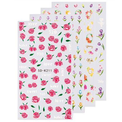Picture of Tulip 5D Embossed Nail Art Stickers, Colorful Floral Nail Decals Nail Art Design Self Adhesive Nail Supplies for Women Manicure Decoration by HAIIDOAK