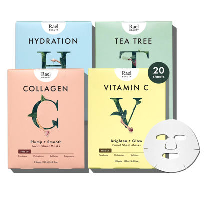 Picture of Rael Face Mask Skin Care, Bamboo Facial Mask Sheet Set - Variety Pack, Korean Skincare, All Skin Types, Gift Set (5 Hydration, 5 Vitamin C, 5 Collagen, 5 Tea Tree, 20 Sheets)
