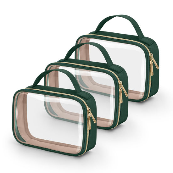 Picture of Wedama TSA Approved Toiletry Bag, 3 Pack Clear Makeup Bags with Handles, Quart Size Clear Toiletry Bags, PVC Cosmetic Bags for Women and Men, Carry on Airport Airlin (Dark Green, 3 Pack, Medium)