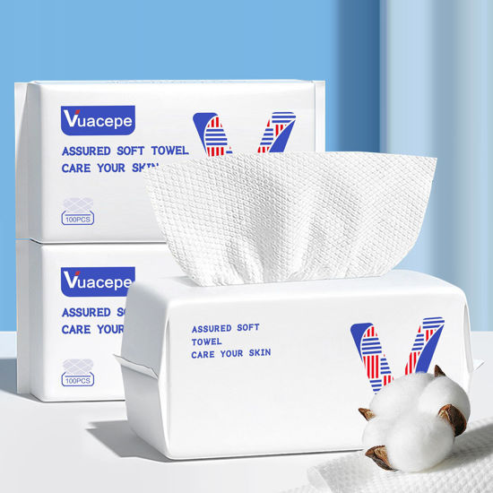 Picture of Vuacepe Face Towels Disposable Cotton Facial Clean Towels, 300 Count Biodegradable Soft Dry Facial Tissue, Face Drying Towels for Skin Care, Makeup Remover, Disposable Face Cloths for Washing Face