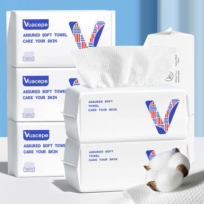 Picture of Vuacepe Face Towels Disposable Cotton Facial Clean Towels, 600 Count Biodegradable Soft Dry Facial Tissue, Face Drying Towels for Skin Care, Makeup Remover, Disposable Face Cloths for Washing Face