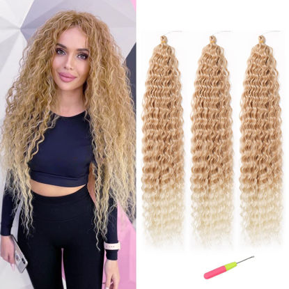 Picture of Ombre Ocean Wave Crochet Hair Extensions,3Pack 30inch #T27/613 Brown to Blonde Soft Synthetic Deep Wave Crochet Hair Long Curly Crochet Hair Extensions For Women