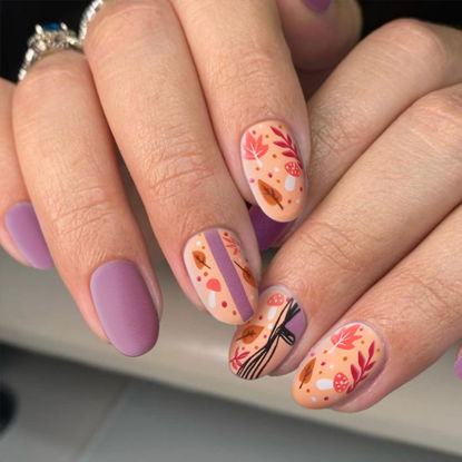 Picture of Fall Press on Nails Short Almond Fake Nails Glitter Full Cover Leaves False Nails with Designs French Curves Acrylic Nails Purple Artificial Glue on Nails Kit 24Pcs