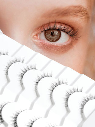 Picture of Natural Lashes Wispy Eyelashes Natural Look Short Lashes Pack 12mm Eyelashes C Curl False Lashes Thinner Band 3D Volume Fake Eyelashes 7 Pair Siligli